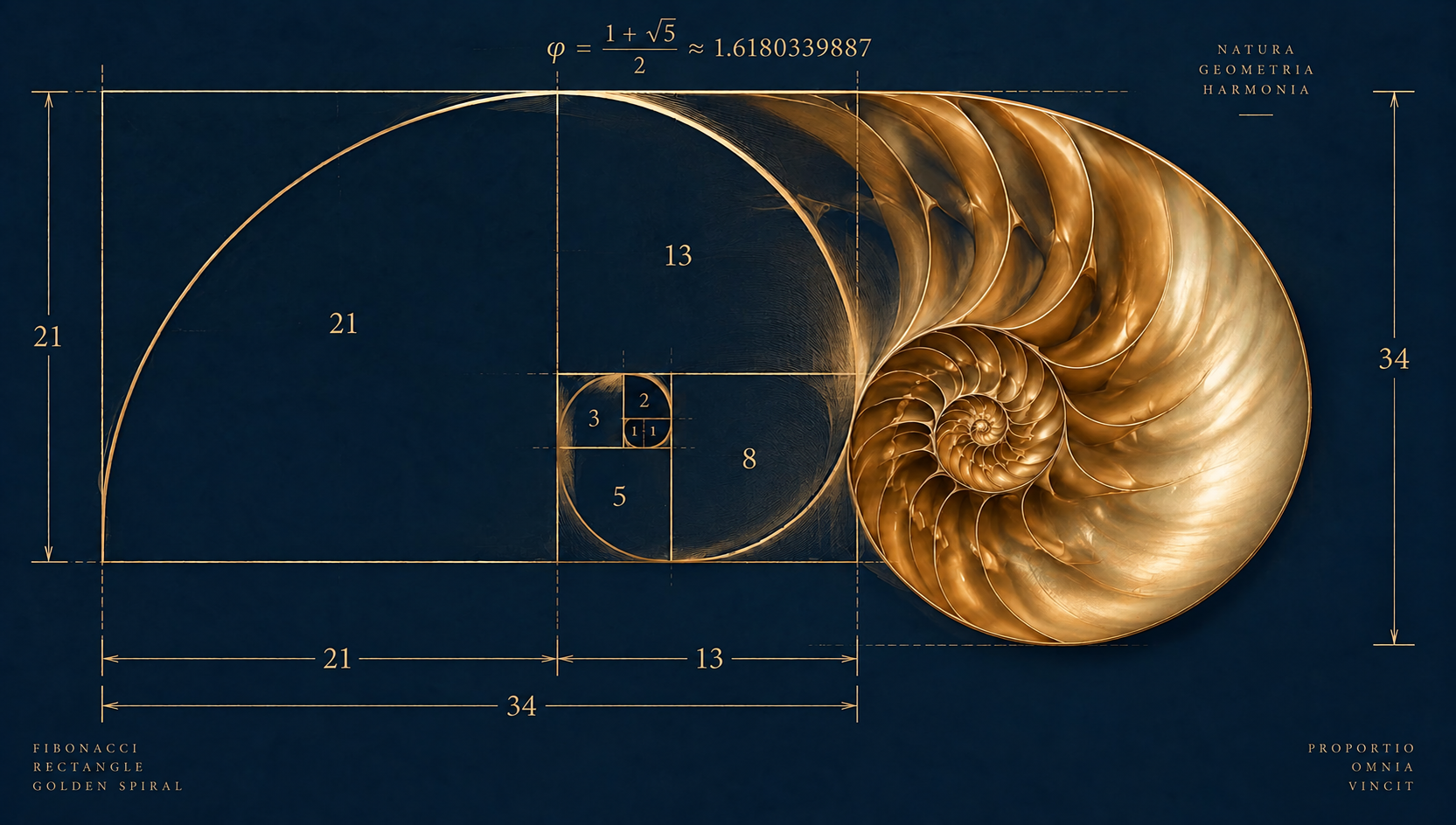 Golden ratio Fibonacci rectangle and spiral morphing into a cross-section of a nautilus shell